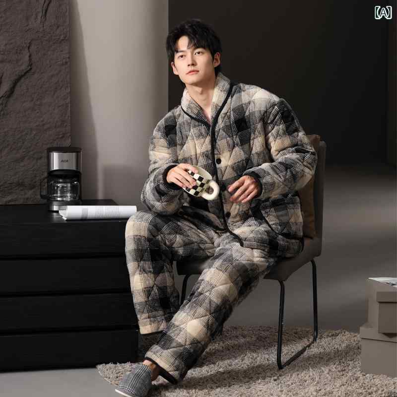 パジャマ ルームウェア メンズ 紳士服 部屋着 ナイトウェア おしゃれ リラックス セットアップ 上下セット 厚手 暖かい 冬 キルト 高級感 チェック 柄