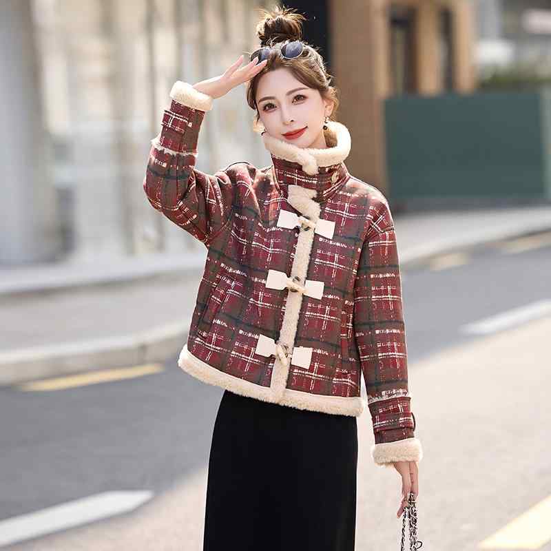 ジャケット レディース 赤 チェック柄 エレガント ムートン風 ジャケット アウター ファッション 秋冬 スタイル 厚手 暖かい 防寒 コットン ショート丈 日常使い カジュアル エレガント