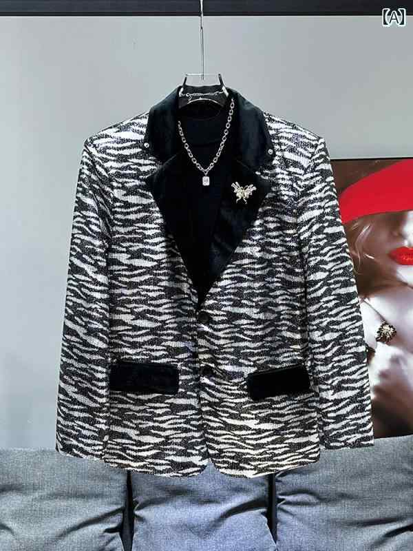 メンズ テーラード ジャケット ゆったり ヒョウ柄 スプライシング 蝶 バッジ装飾 アーティスティック カジュアル スタイリッシュ ファッション