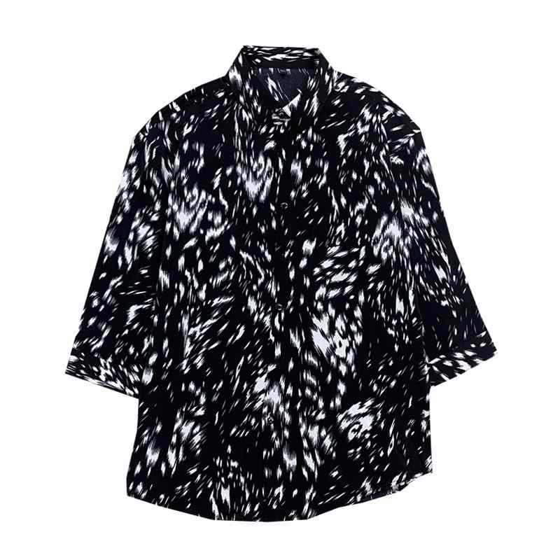 メンズ トップス 柄入り シャツ 白黒 2色展開 春夏 ハイエンド モード ファッション 韓国 ヒョウ柄風 七分袖 スタイル ミッドスリーブ 柄シャツ ぐちゃぐちゃ模様 レオパード 豹