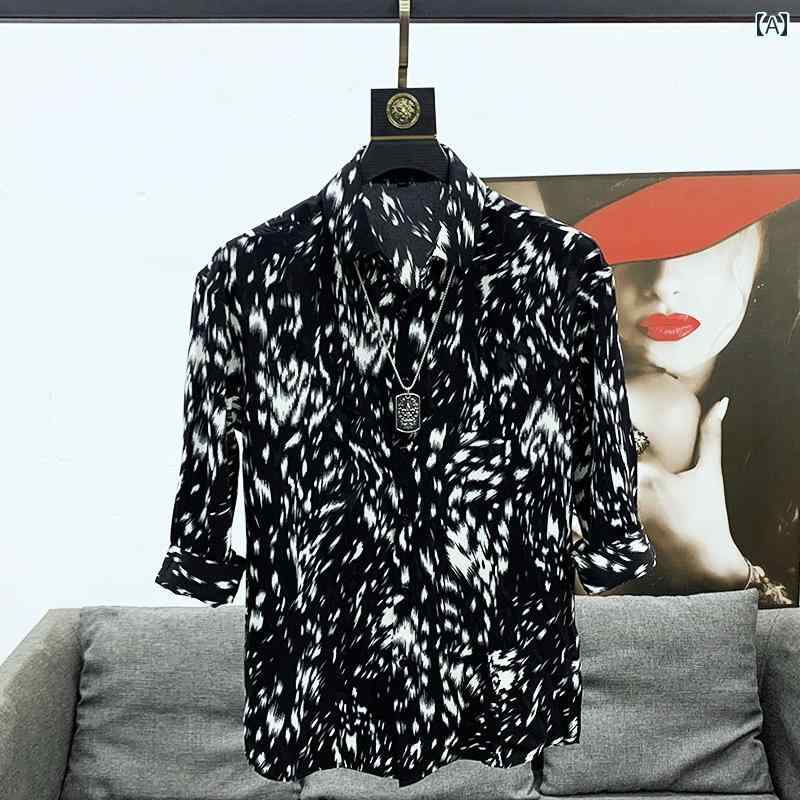 メンズ トップス 柄入り シャツ 白黒 2色展開 春夏 ハイエンド モード ファッション 韓国 ヒョウ柄風 七分袖 スタイル ミッドスリーブ 柄シャツ ぐちゃぐちゃ模様 レオパード 豹