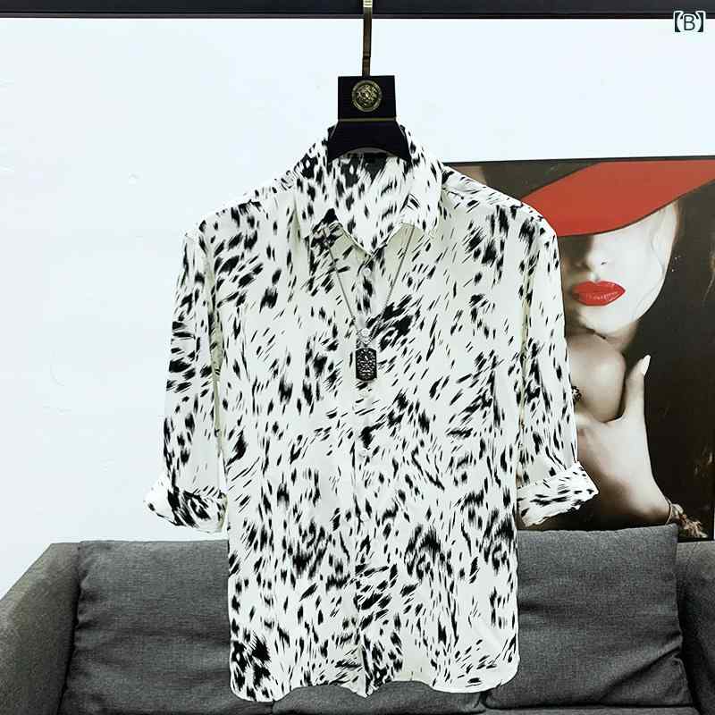 メンズ トップス 柄入り シャツ 白黒 2色展開 春夏 ハイエンド モード ファッション 韓国 ヒョウ柄風 七分袖 スタイル ミッドスリーブ 柄シャツ ぐちゃぐちゃ模様 レオパード 豹