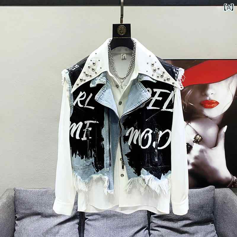 メンズ おしゃれ ベスト チョッキ 韓国 ローエッジ デニム ベスト 男性用 韓国 古風 落書き コントラス..