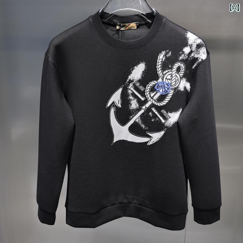 トレーナー メンズ 秋 コットン アンカー プリント 文字 刺繍 ラウンドネック スリム ストレッチ 快適 ..