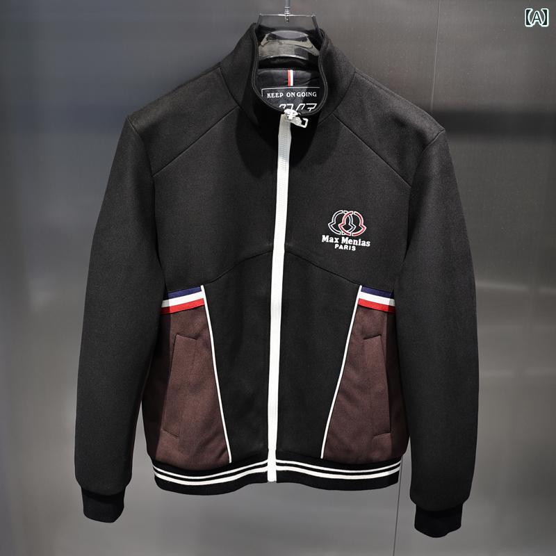 ジャケット メンズ 秋冬 厚手 ウール 文字 刺繍 パッチワーク 立ち襟 色 染め ウェビング スタンドカラ..