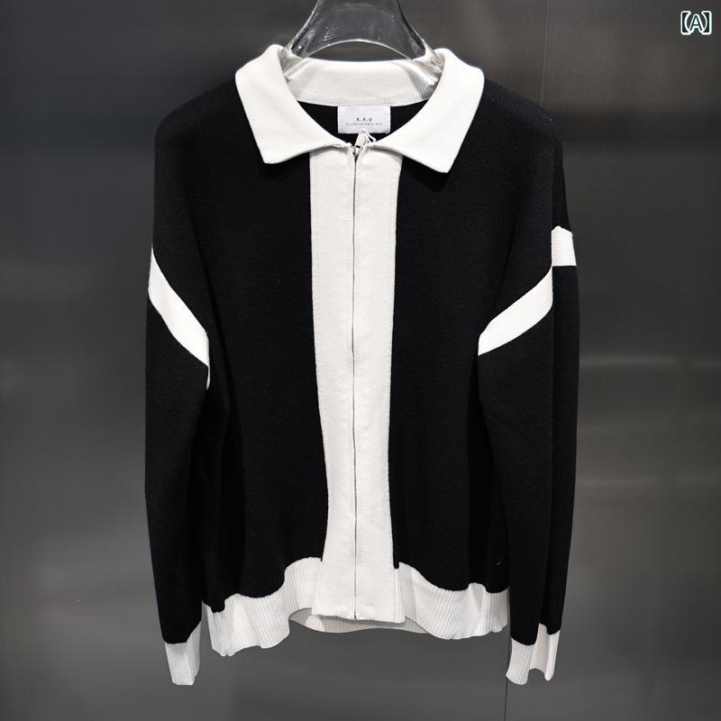 メンズ セーター 韓国スタイル 黒 白 おしゃれ 清楚感 スタイリッシュ ニット ジッパー シンプル 大人カジュアル お花見 カーディガン 家事 授業参観