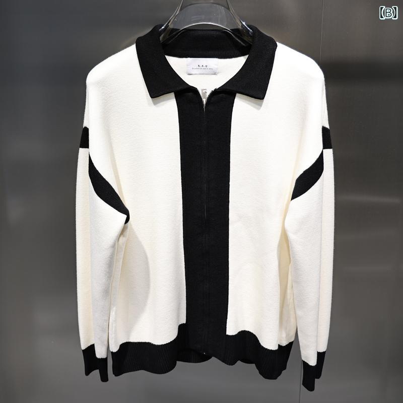 メンズ セーター 韓国スタイル 黒 白 おしゃれ 清楚感 スタイリッシュ ニット ジッパー シンプル 大人カジュアル お花見 カーディガン 家事 授業参観