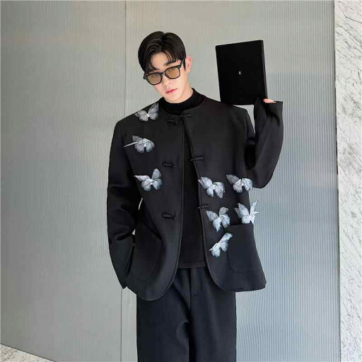 秋冬 メンズ ジャケット ノーカラージャケット バタフライ 蝶 インスタ映え シングルブレスト 男性用 おしゃれ トレンディ ファッショナブル 秋冬 メンズ ジャケット ノーカラージャケット バタフライ 蝶 インスタ映え シングルブレスト 男性用 おしゃれ トレンディ ファッショナブル