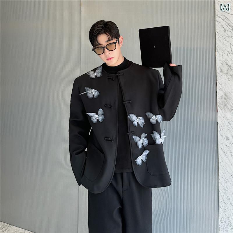 秋冬 メンズ ジャケット ノーカラージャケット バタフライ 蝶 インスタ映え シングルブレスト 男性用 おしゃれ トレンディ ファッショナブル