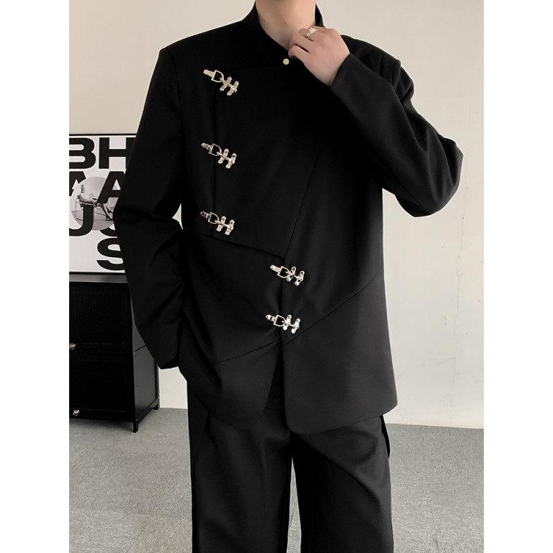 メンズ ジャケット スタンドカラージャケット メタルバックル アシメトリースタイル シングルブレスト 春秋 男性用 おしゃれ トレンディ ファッショナブル