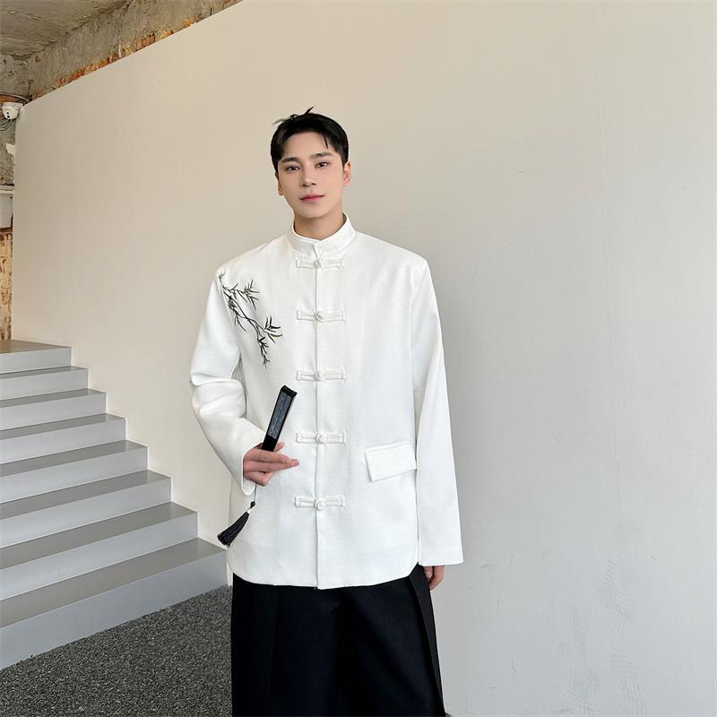 メンズ ジャケット チャイナ風 刺繍入り 竹 バンブー スタンドカラー フォーマルジャケット シングルブレスト 春秋 男性用 おしゃれ エキゾチック