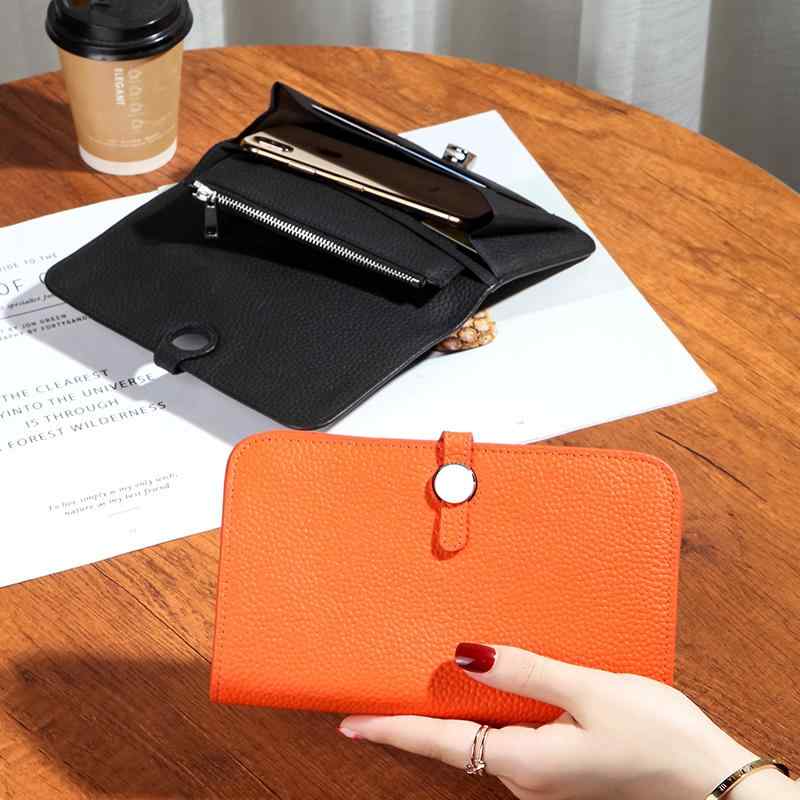 レディース 高級感 手帳型 ケース 第一層 牛革 レザー ポータブル パスポート バッグ 長財布 革 大容量 小銭入れ スマホ入れ 明るい カラー オレンジ 手持ち 小銭入れ ハンド ウォレット