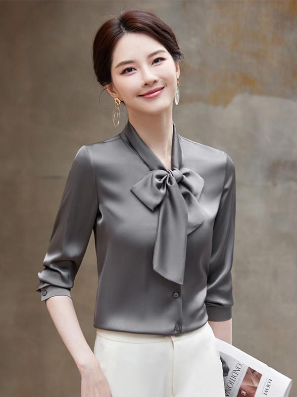 フォーマル ウェア 上品 ビジネス オフィス レディース 婦人服 シャツ ブラウス パンツ ズボン サテンシャツ リボンシャツ ファッション(4)
