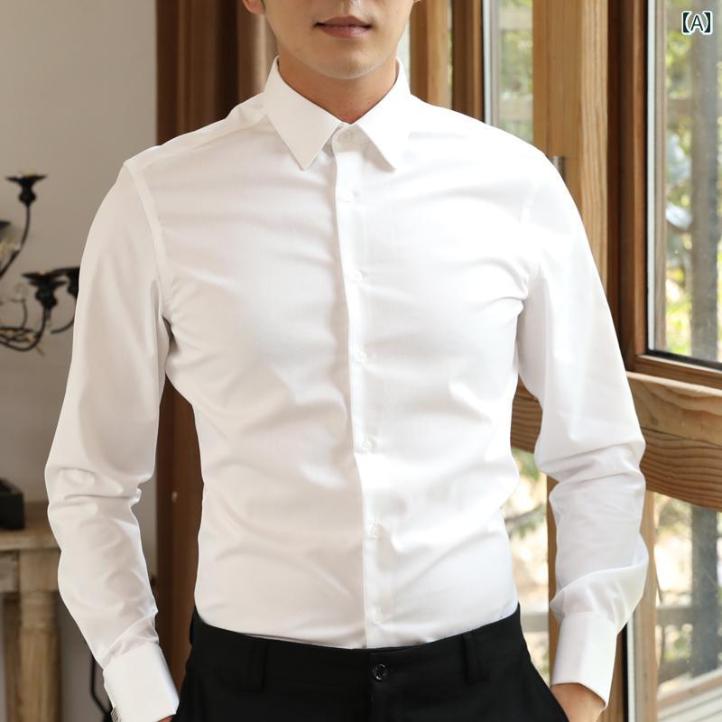 メンズ 白 シャツ 長袖 スリム ビジネス フォーマル 新郎 付添 人 結婚式 高級感 紳士 シャツノー アイロン カジュアル スクエアネック 紳士 オールシーズン スリムフィット ファッション スタイリッシュ