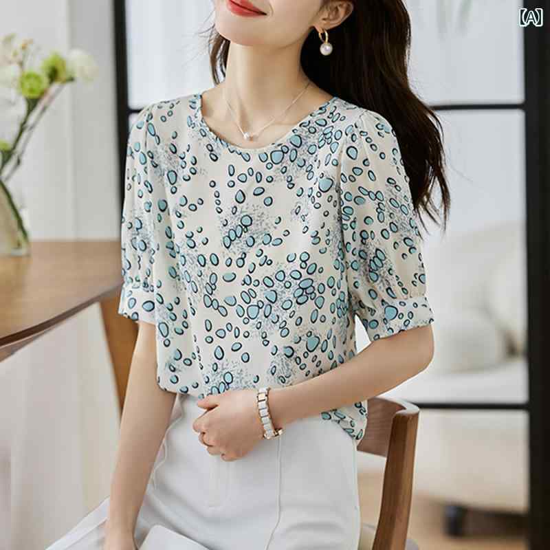夏 美しい プリント シフォン シャツ 女性用 半袖 若々しい ミドル スリーブ トップス ゆったりタイプ プルオーバー 五分袖 ラウンドネック
