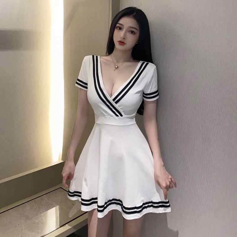 レディース ドレス 魅惑的 セクシー vネック ウエストスリム Aラインスカート 夏 ナイトクラブ フッドバス 綿 ニット生地 半袖