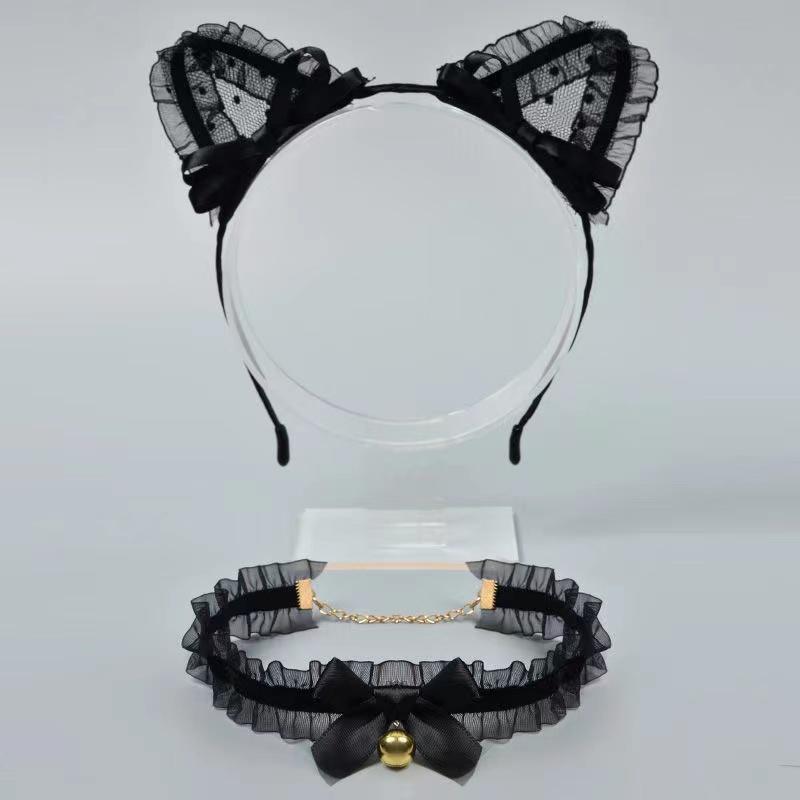 かわいい 優雅 アクセサリー キツネ 猫 耳 カチューシャ 女性 プリンセス レース ボウ ノット ベル カラー セット ヘア アクセサリー