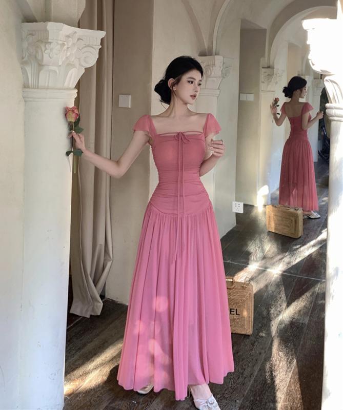ワンピース レディース かわいい ピンク 女性用 オフショルダードレス 夏 優しい メッシュ スカート スリム ウエスト Aライン ロング スカート スクエアネック