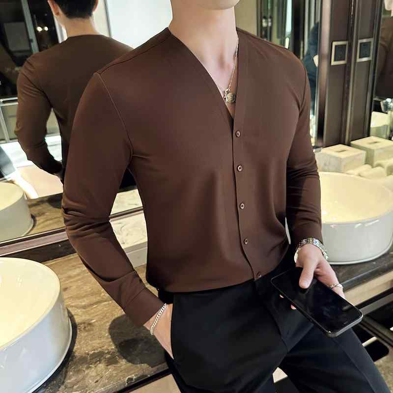 シャツ トップス メンズ おしゃれ スタイリッシュ 紳士 Vネック 長袖 春秋 高級感ノーカラーシャツ 大きいサイズ スリムフィット ポリエステル 男性