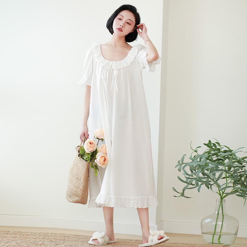 ネグリジェ パジャマ レディース ルームウエア ナイトガウン 夏 レディース 半袖 綿 かわいい さわやか プリンセス ホワイト 夏 ホームウェア