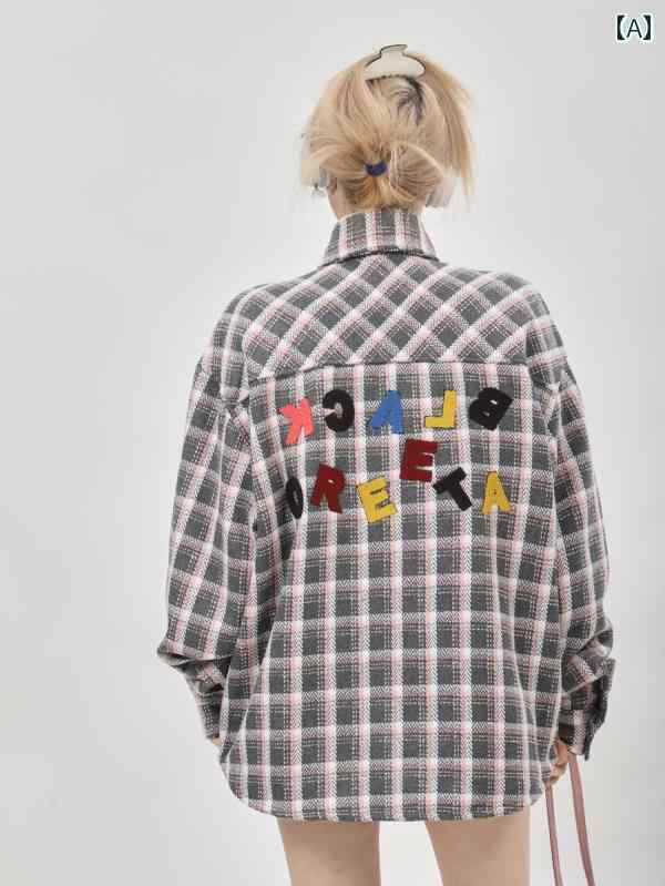 シングルブレスト アメリカン 長袖 刺繍 チェック柄 ジャケット レディース 夏服 ジャケットトップス ポロ襟 ポケットあり