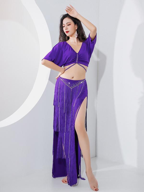 ベリーダンス 練習着 セット オリエンタル ダンス パフォーマンス ウェア タッセル ホット ダブル スリット ロング スカート 女性用 ダンス エレガント 魅...