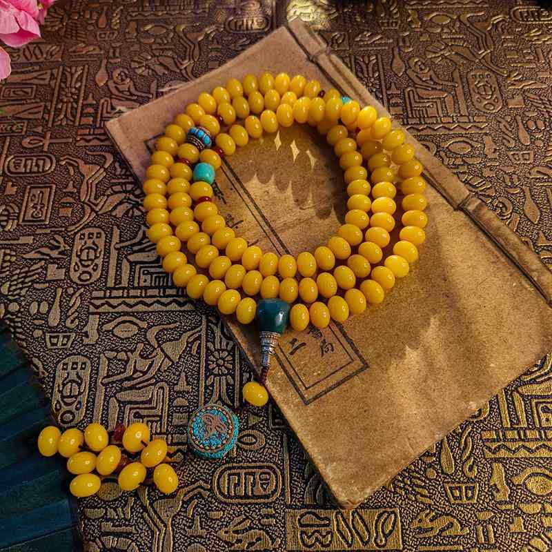 数珠 中国風 アクセサリー 装飾品 黄色 菩提根 ブレスレット エスニック ペンダント アクセサリー マルチ サークル 仏ビーズブレスレット メンズ レディース...