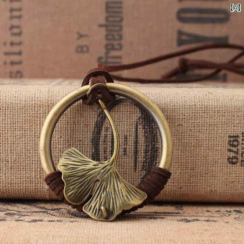 ネックレス ペンダント イチョウの葉 リング 丸 円形 金属 革 レザー 紐 ロープ 韓国 秋コーデ モダン クラシック カジュアル フェミニン シック レトロ(4)