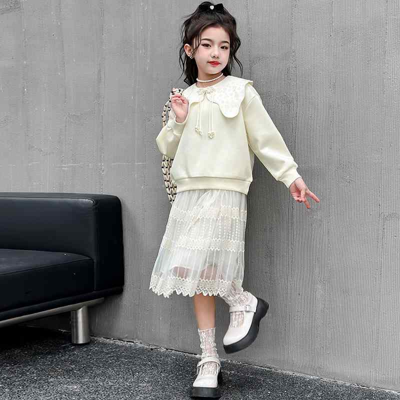キッズ ファッション ツーピース トップス シャツ ロング スカート メッシュ レース カジュアル 女の子 スリム 長袖 春 子供