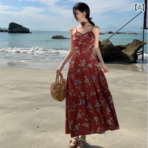 ワンピース 大人 女性 夏 花柄 ジッパー Vネック フリルスカート ロングドレス トロピカル リゾート ラグジュアリー レトロ シーサイド エレガント 個性