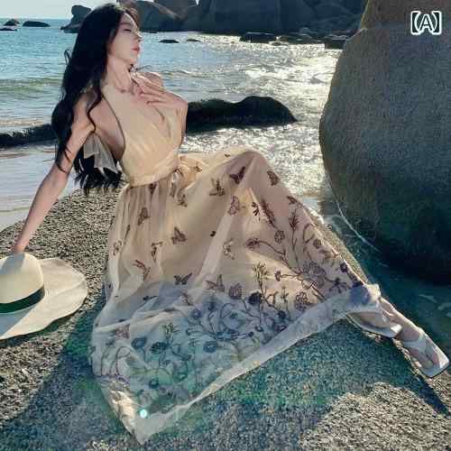 ワンピース 大人 レディース フレンチ ノースリーブ Vネック ホルター ドレス ビーチ ドレス きれいめ おしゃれ かわいい シンブル