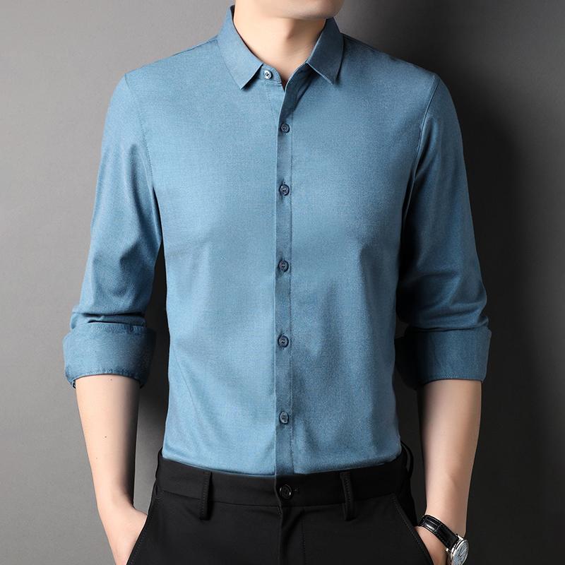 メンズ 春夏 長袖 冷感 カラーシャツ スリムフィット アイロンフリー おしゃれ 無地 トップス カジュアル 快適
