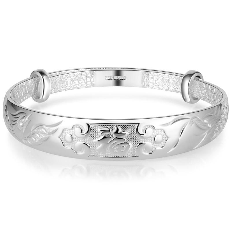 バングル アクセサリー 9999 シルバー ブレスレット 女性用 龍 鳳凰 彫刻 祝福 開運 銀 母 義母 誕生日..