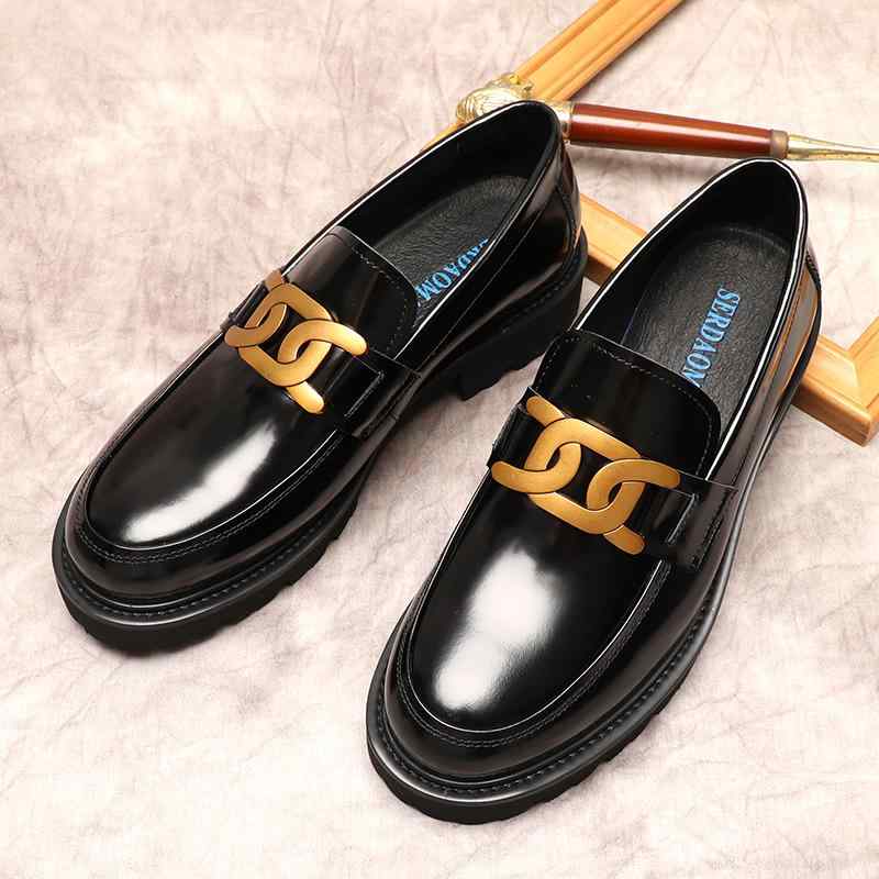 ローファー 春 スリッポン ビジネス カジュアル 光沢 厚底 ラウンドトゥ 韓国 革靴 メンズファッション スタイリッシュ