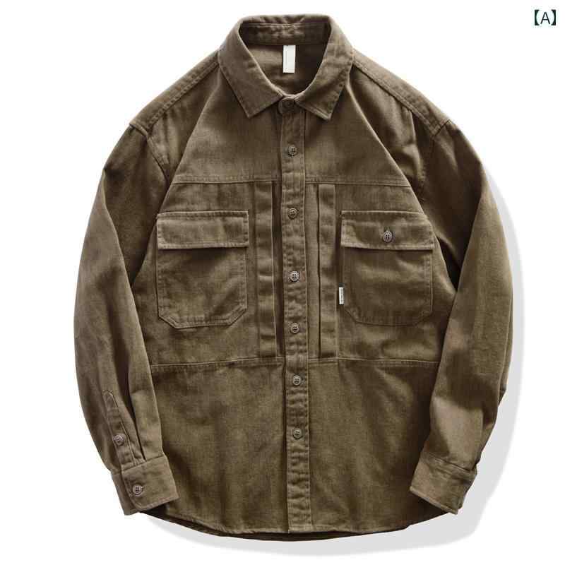 メンズ 春 シャツ シャツ 長袖 コットン カジュアル ワークウェア ジャケット 春秋 24枚 シャツ アメリカン ファッション