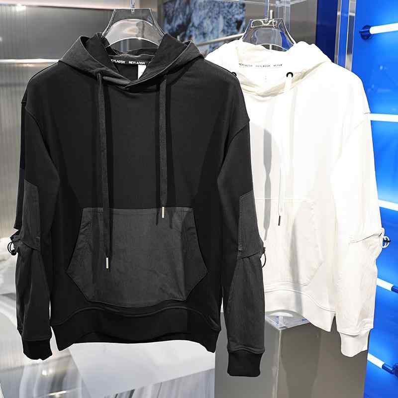 パーカー メンズ 大きい ポケット 袖 パーティション スプライシング フード付き 無地 ストレッチ スウ..