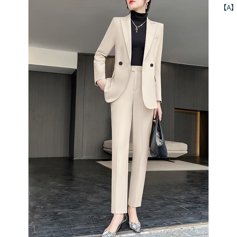 レディース スーツ 婦人服 女性用 仕事 オフィス ビジネス 高級感 スーツ セットアップ シンプル クラシック 上下セット 2点セット ツーピース 秋冬