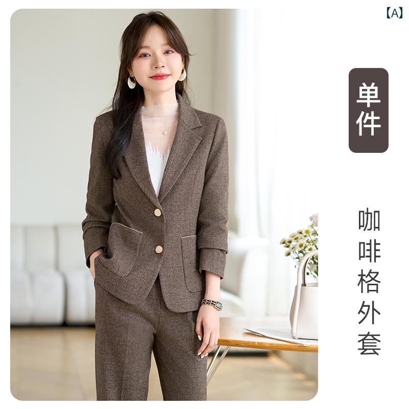 レディース パンツスーツ ウール セットアップ ツイード ゆったりめ トラディショナル 上品 フォーマル ジャケット ブレザー 上着 シック ボタン ポケット 2点セット ワードロープ エレガント
