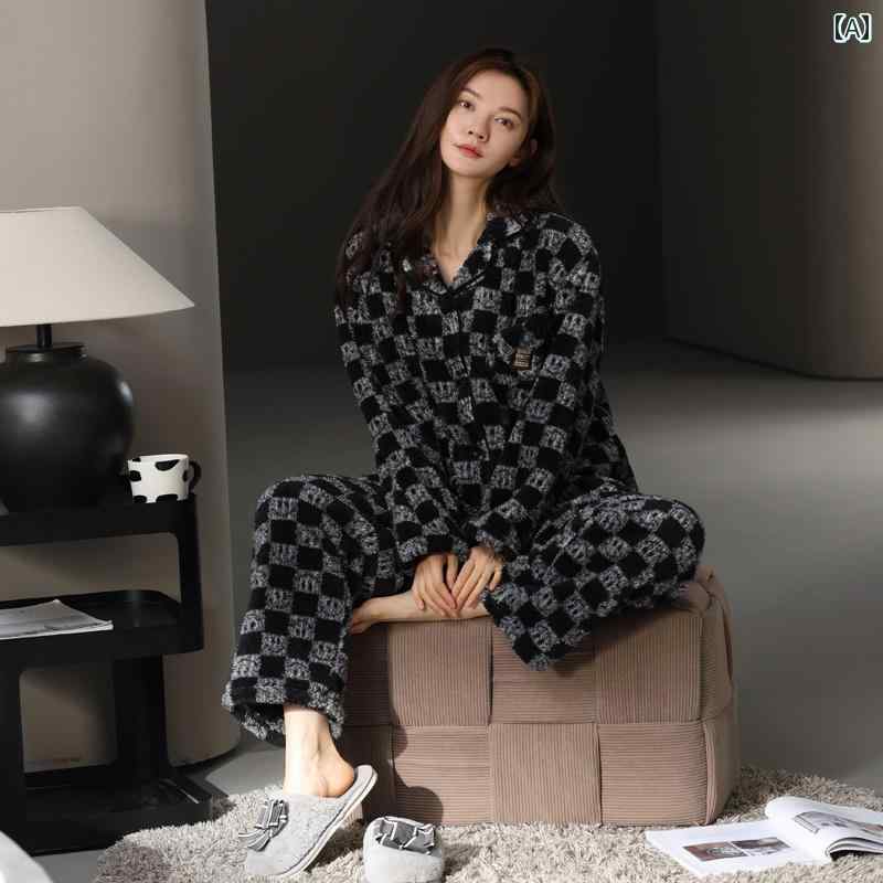 パジャマ 部屋着 ルームウェア レディース 婦人服 女性用 かわいい おしゃれ リラックス セットアップ 上下セット 秋冬 厚手 暖かい 市松模様 柄