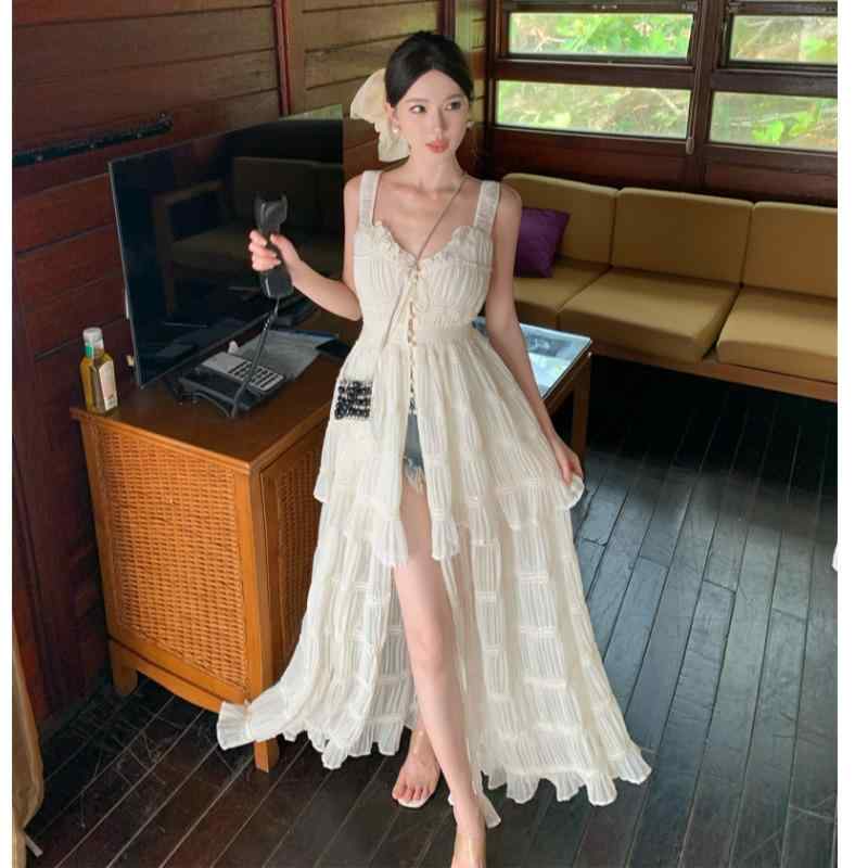 ワンピース 大人 女性 夏 シフォン Vネック 段違いスカート ラグジュアリー ロングドレス リゾート ビーチ スリット レディース エレガント 複数ボタン フローラル ロマンス(4)