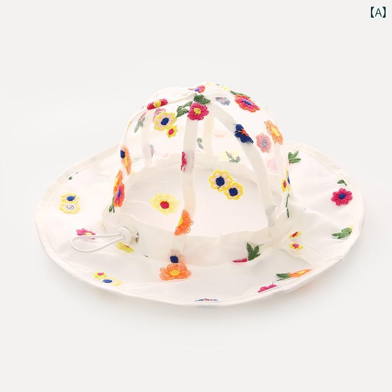 子供用 帽子 夏 薄手 赤ちゃん ベビー サンハット アウトドア 日除け 女の子 日焼け防止 春秋 韓国 バケットハット 旅行 ドーム つば広 メッシュ 刺繡