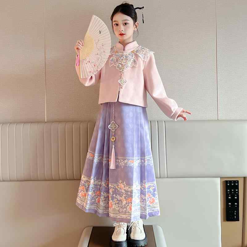 キッズ 民族衣装 コスプレ チャイナ風 ガールズ 子供 おしゃれ かわいい 写真撮影 普段着 女の子 コート スカート セット 春 レトロ 衣装 漢服 ポリエステル 長袖