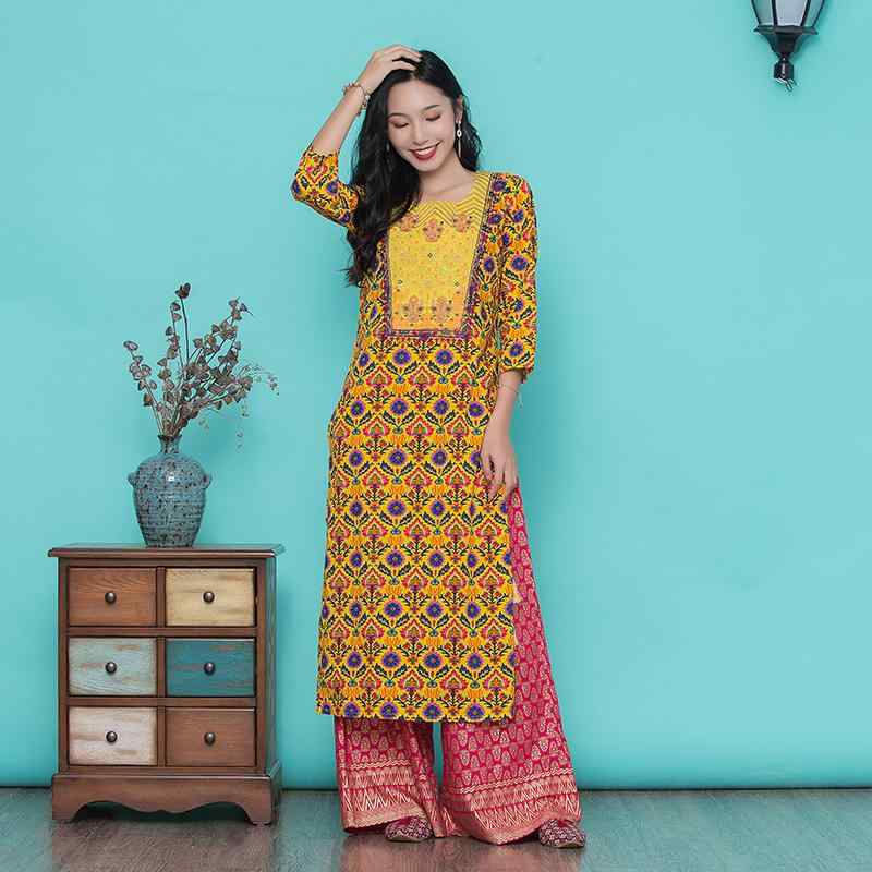 パンジャビドレス インド 民族衣装 インディアン 服 レディース イエロー プリント コットン エスニッ..