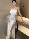 リゾート ファッション センス スプライシング 魅惑的 チューブ トップ ホワイト ドレス 女性 成熟 した エレガント レディ スリットドレス ロング スカート ワンピース