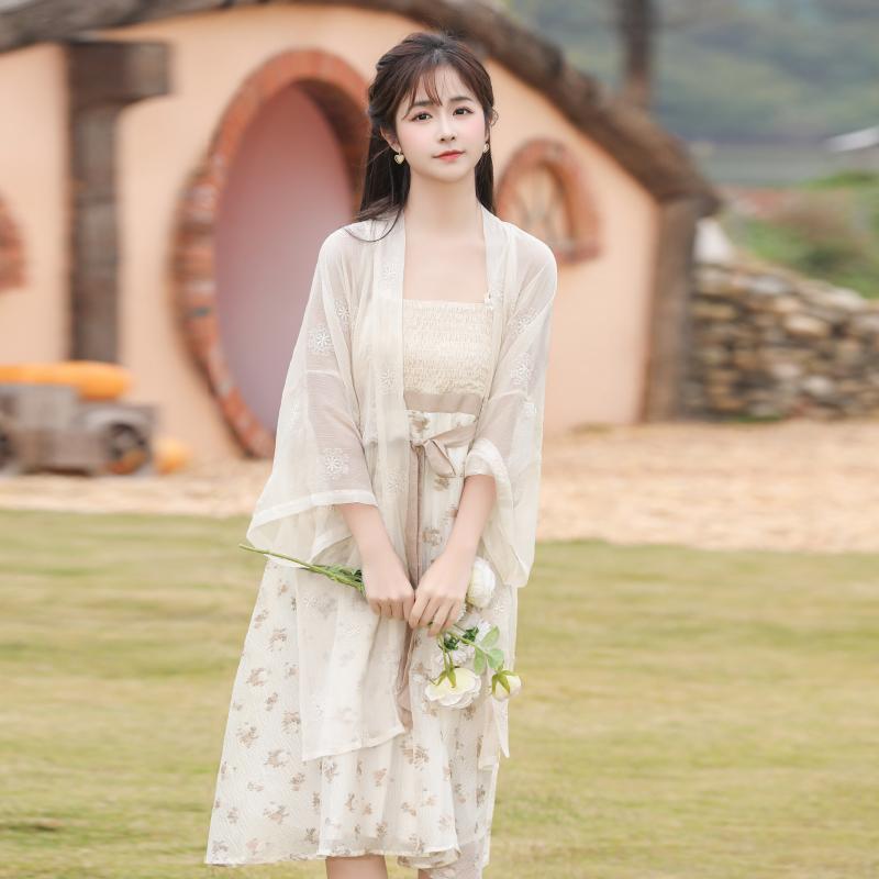 レディース チャイナ風 サスペンダー スカート カーディガン ダブルブレスト ガウン 日焼け防止 2点セット 夏用 フェアリー 漢服 清楚 撮影衣装