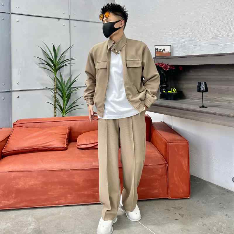 ファッション スーツ 上下セット メンズ 春秋 韓国 ワッフル ジャケット カジュアル ワイド ジャケット パンツ ズボン ポリエステル