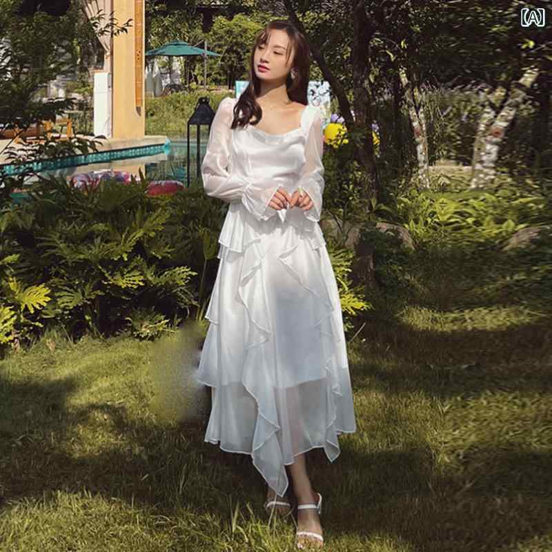 ワンピース レディース 大人 リゾート 夏 フェアリー フリルドレス フランス 長袖 薄手 休日 ビーチ ドレス きれいめ おしゃれ シンプル
