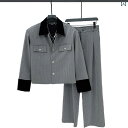 スーツ パンツ ジャケット グレー セットアップ ワイドパンツ カラーブロック ショートジャケット 肩パッド メンズ エレガント モダン おしゃれ シック デザ...