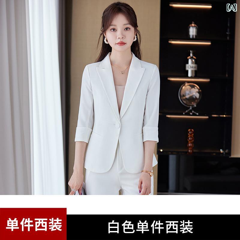 レディース スーツ ジャケット パンツ セットアップ おしゃれ スタイリッシュ 白 七分袖 春夏 大きいサイズ カジュアル オフィス フェミニン エレガント ビジネス