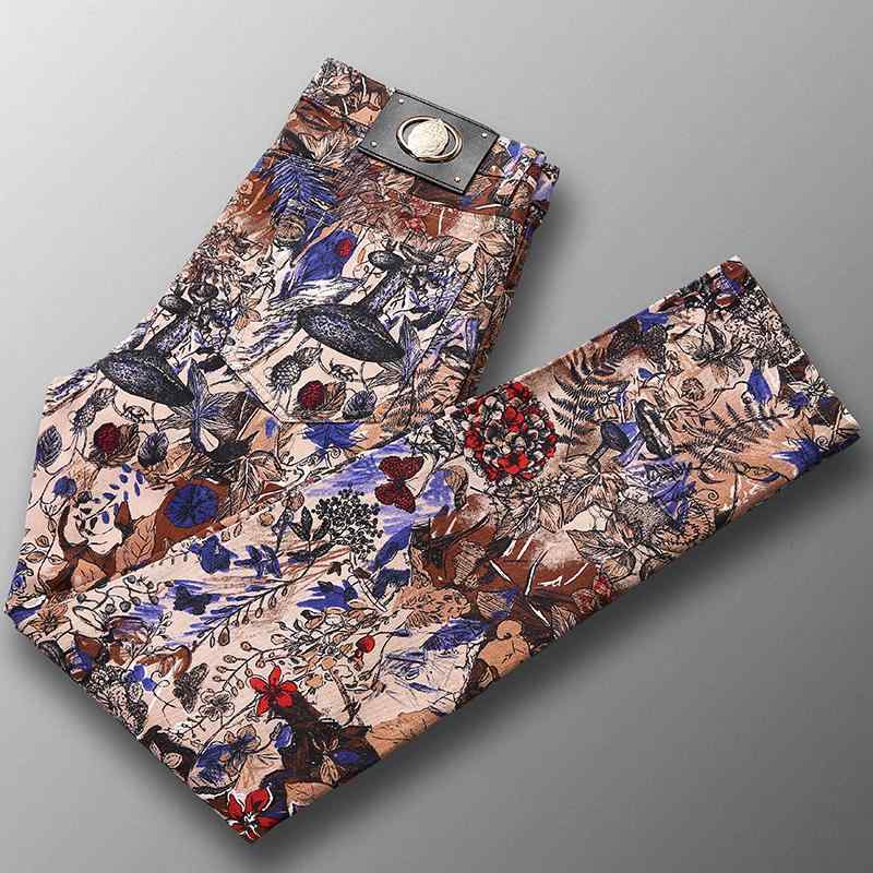 ジーンズ メンズ 春秋 ファッション プリント パンツ ハイエンド スリム フィット カラー カジュアル カラフル アジアン ユニーク 個性的 ズボン おしゃれ モダン クラシック レトロ